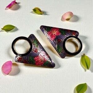 Vintage Cloisonne Floral Fan Earring Findings Purple Enamel Jewelry Craft Pair